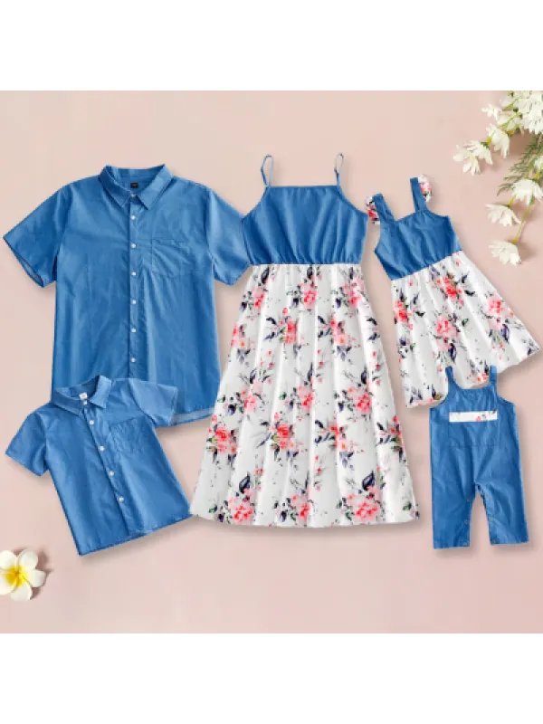 Casual Pink Floral Dress And Blue Shirt Family Matching Outfit - Smilemay.chimpone.com 