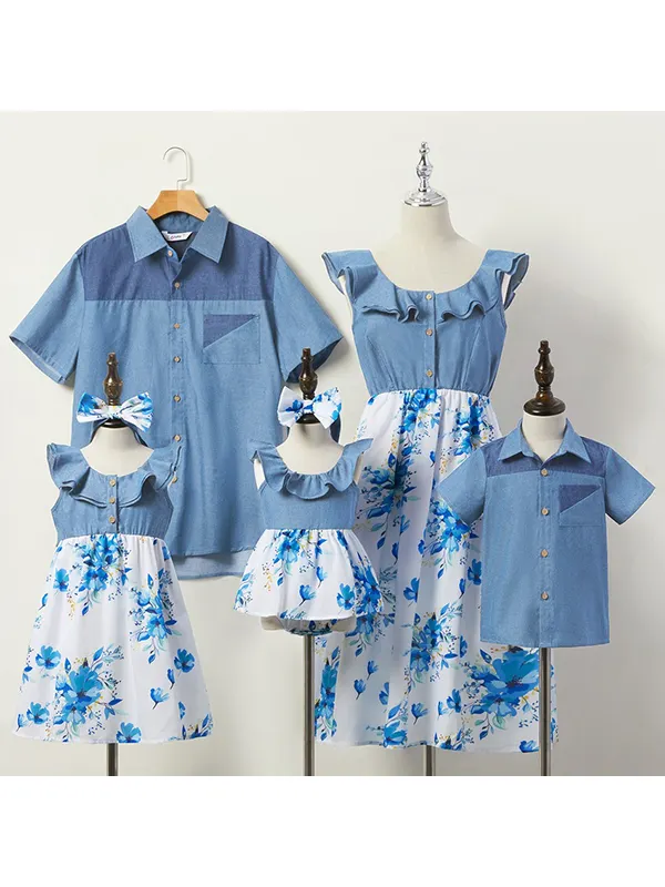 Casual Blue Floral Dress And Blue Shirt Family Matching Outfit - Smilemay.chimpone.com 