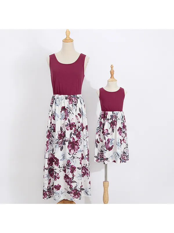 Round Neck Sleeveless Floral Print Mom Girl Matching Dress - Smilemay.chimpone.com 