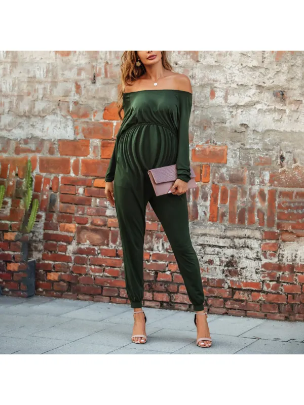Maternity Green Off The Shoulder Long Sleeve Jumpsuit - Smilemay.chimpone.com 