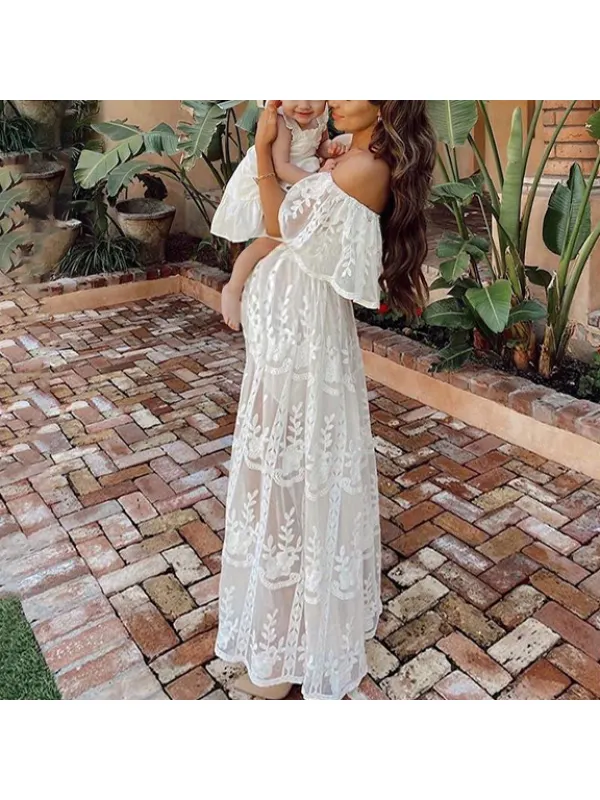 Maternity V-neck Short Sleeve Off The Shoulder White Lace Dress Maxi Dress - Smilemay.chimpone.com 