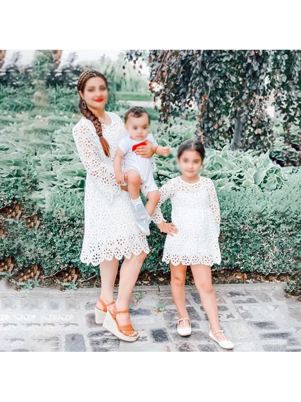 Mom And Girl White Lace Round Neck Long Sleeve Short Matching Dress - Smilemay.chimpone.com 