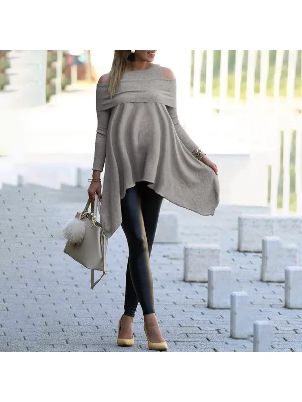 Maternity Round Neck Cold Shoulder Long-sleeved Irregular Knitted Top - Smilemay.chimpone.com 