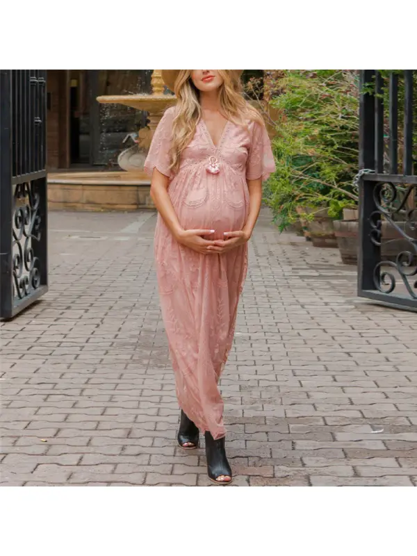 Fashion Lace V-neck Short Sleeve Maternity Dress - Smilemay.chimpone.com 