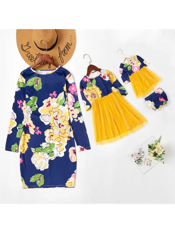 Mom Girl Blue Flower Long Sleeve Dress - Smilemay.chimpone.com 