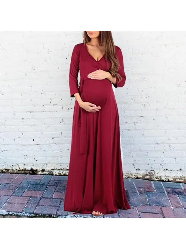 Maternity Solid Solor V-Neck Long Sleeve Maxi Dress - Smilemay.chimpone.com 