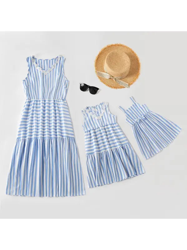 Mom Girl Blue Striped Sleeveless Dress - Smilemay.chimpone.com 