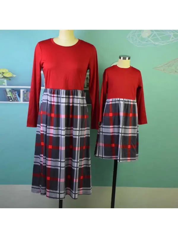 Mom Girl Fashion Nine-point Sleeve Plaid Midi Matching Dress - Smilemay.chimpone.com 