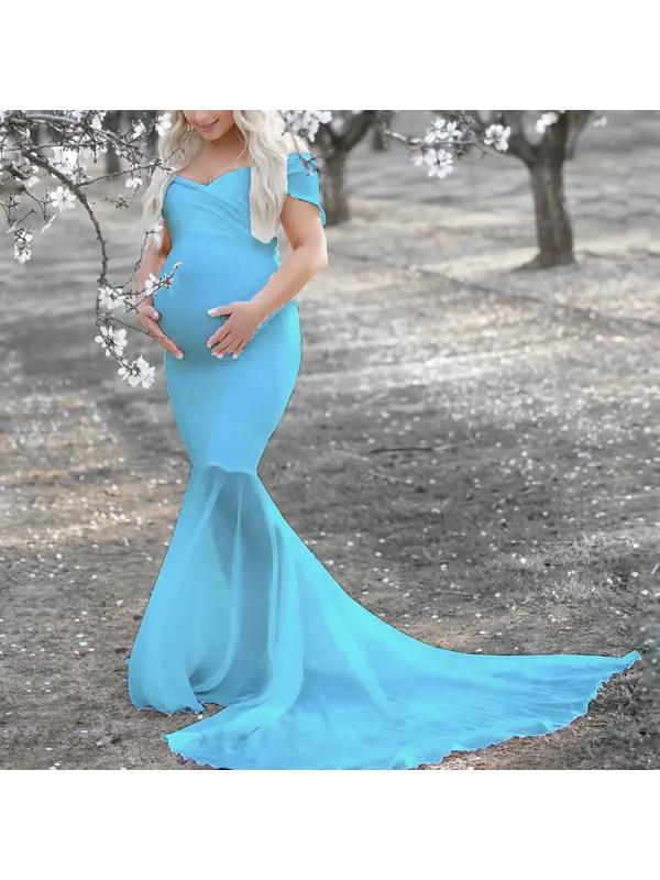 Maternity Knitted Chiffon Off Shoulder Fishtail Photo Dress - Smilemay.chimpone.com 