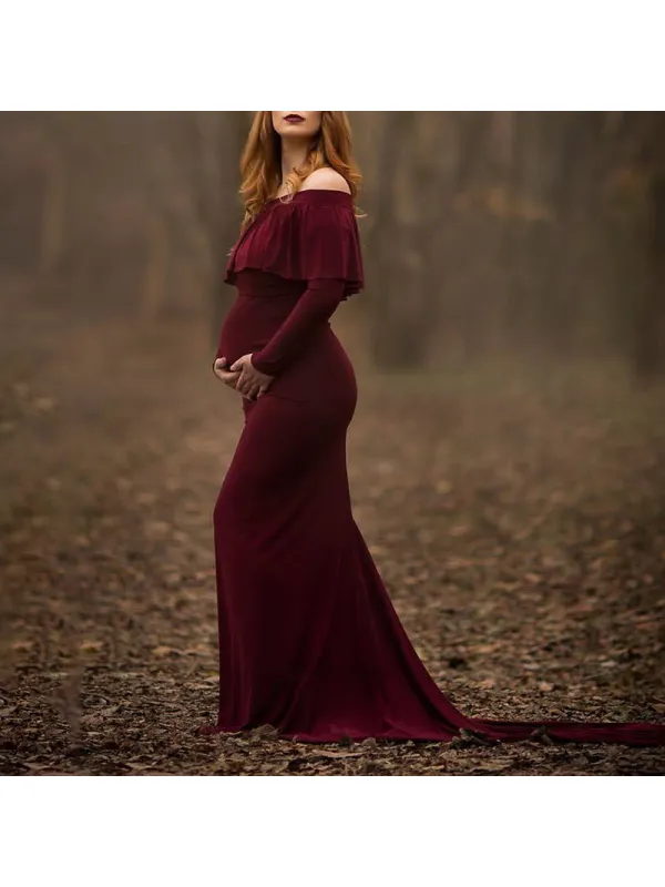 Maternity Solid Color Off-The-Shoulder Long-Sleeved Dress - Smilemay.chimpone.com 