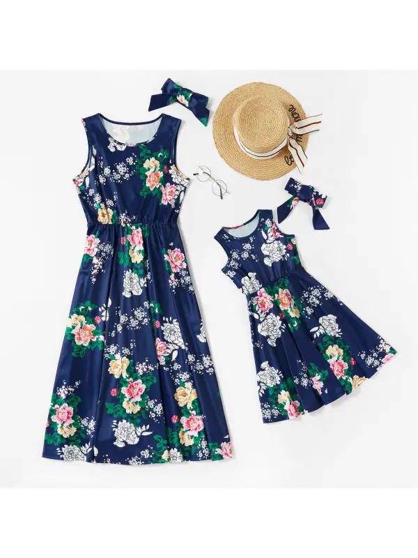 Mom Girl Flower Print Fitted Tank Matching Dresses - Smilemay.chimpone.com 