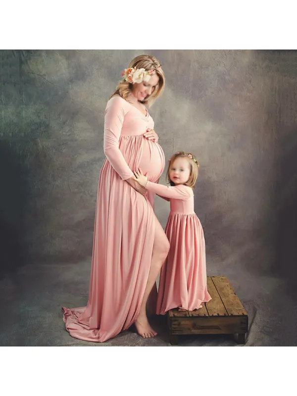 Mom Girl Solid Color Long Sleeve Dress - Smilemay.chimpone.com 