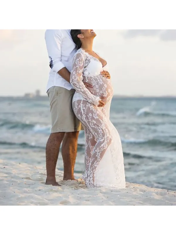 Maternity Casual Deep V White Lace Perspective Dress - Smilemay.chimpone.com 