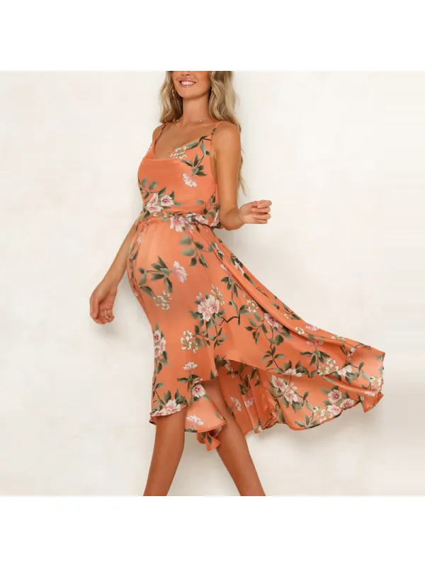 Maternity Sexy Sling V-neck Drawstring Waist Bow Irregular Dress - Smilemay.chimpone.com 