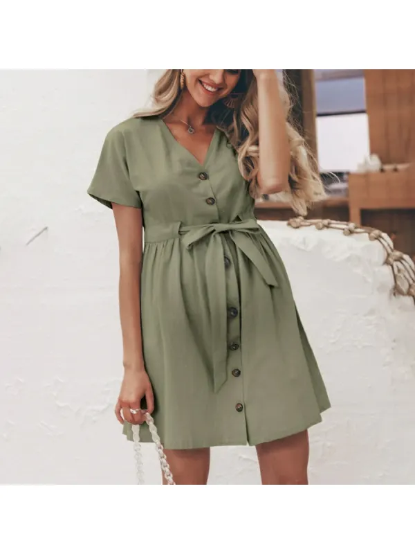 Maternity Vintage V-Neck Mini Dress - Smilemay.chimpone.com 