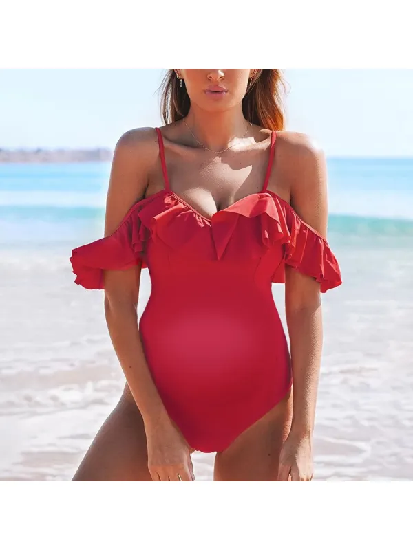 Maternity Red Off-The-Shoulder Ruffles One-Piece Swimsuit - Smilemay.chimpone.com 