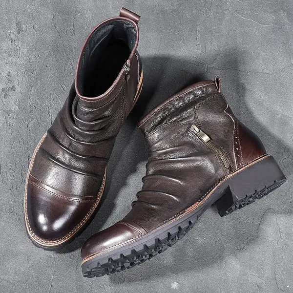 Vintage zip round tie leather boots - Cotosen.com 