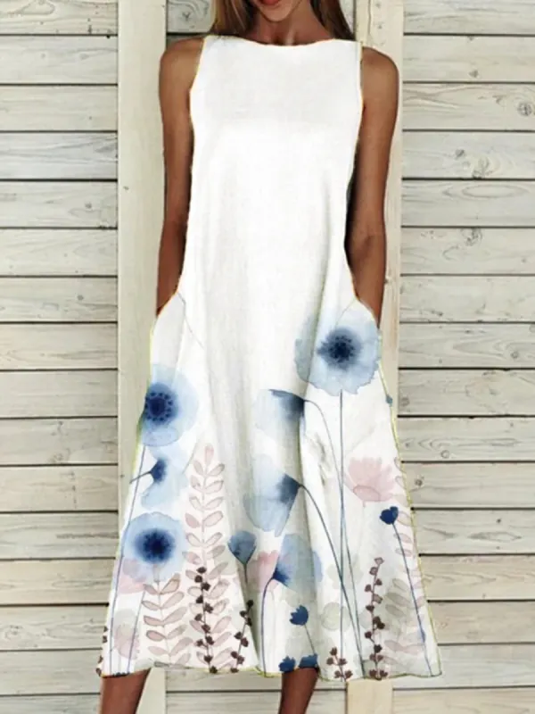 robe sans manches décontractée à imprimé floral à col rond pour femme - Funluc.com 