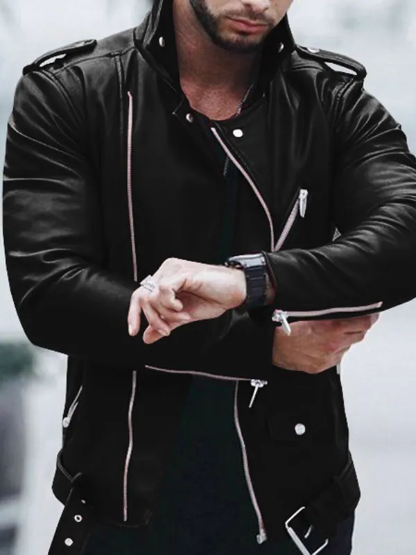 Men's fashion stand collar solid color slim leather jacket - Inkshe.com 