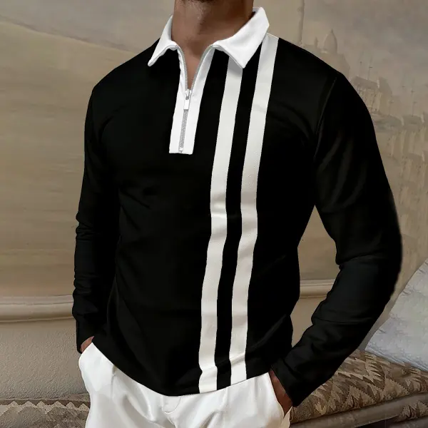 Parallel Bar Stripe Long Sleeve Polo Shirt - Mobivivi.com 