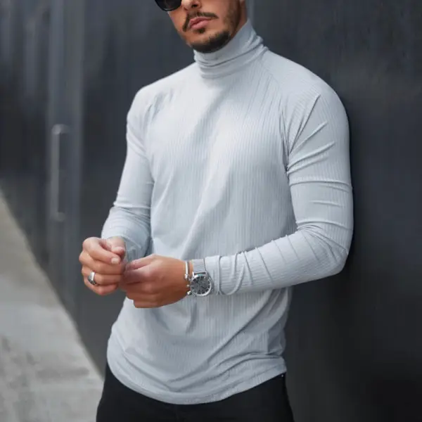 Men Simple Long Sleeve High Neck Plain T-shirt - Leanarea.chimpone.com 