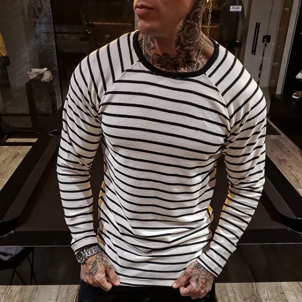 Striped print round neck long sleeve T-shirt - Leanarea.chimpone.com 