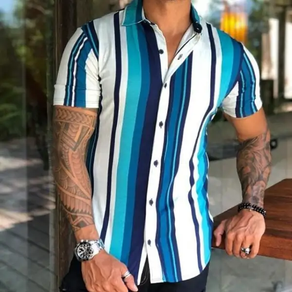 Casual striped print slim short sleeve shirt - Leanarea.chimpone.com 