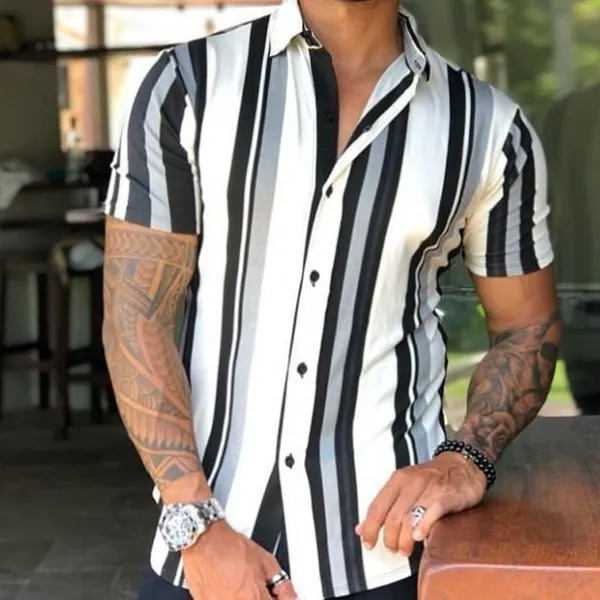 Casual striped print slim short sleeve shirt - Leanarea.chimpone.com 