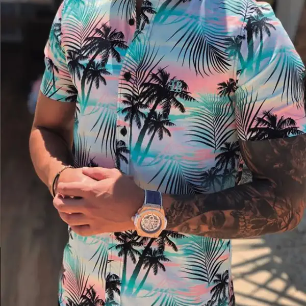 Vacation style coconut tree floral print slim short sleeve shirt - Leanarea.chimpone.com 