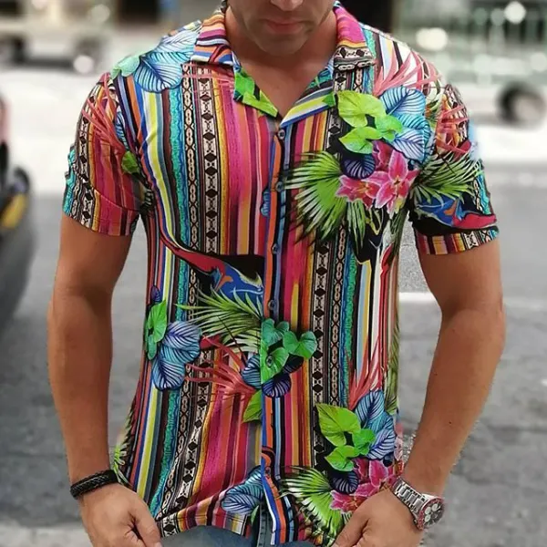 Casual striped floral print slim short sleeve shirt - Leanarea.chimpone.com 