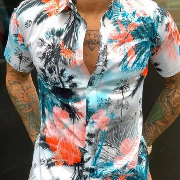 Vacation style coconut tree floral print slim short sleeve shirt - Leanarea.chimpone.com 