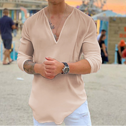 Casual solid color V neck long sleeve T shirt