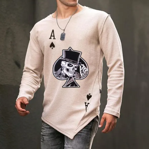 Casual street skull poker print long sleeve T-shirt - Leanarea.chimpone.com 