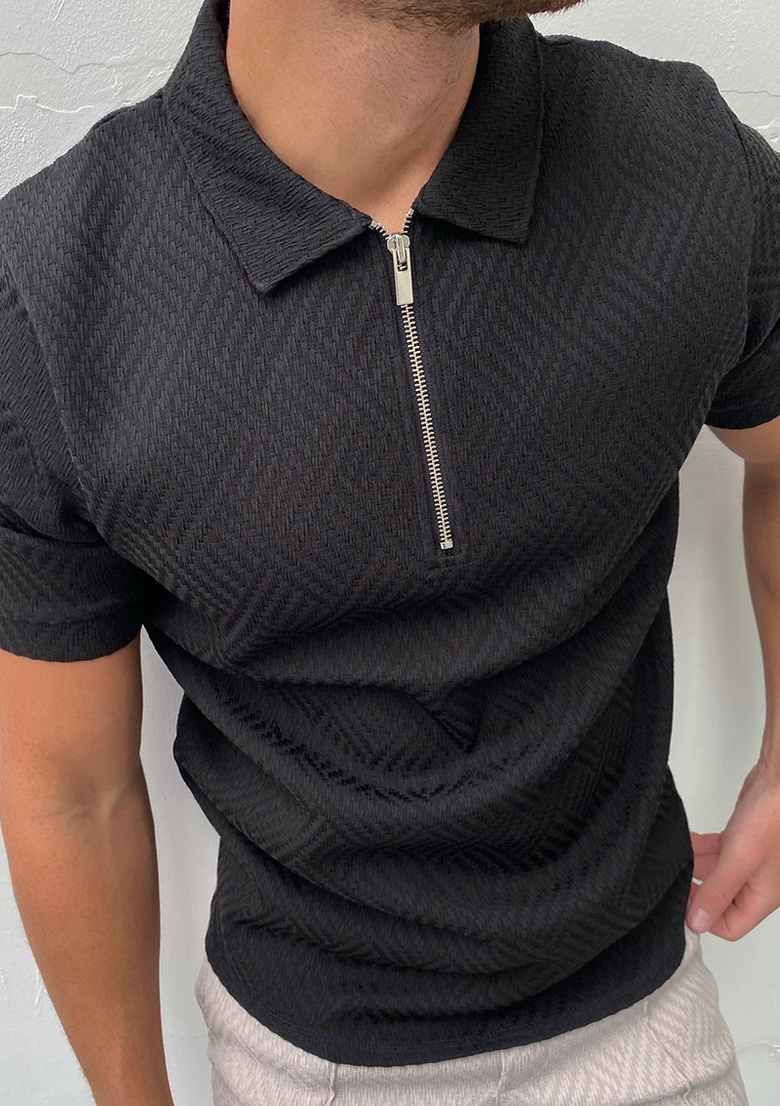 Black and white herringbone jacquard polo shirt - Profitred.com
