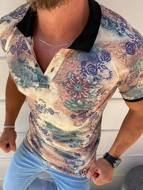 Floral texture short sleeve polo shirt - Oasisjoy.com 