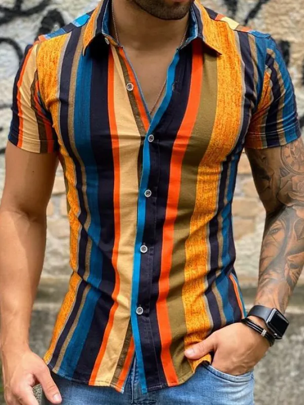 Striped Textured Print Lapel Short Sleeve Shirt - Oasisjoy.com 