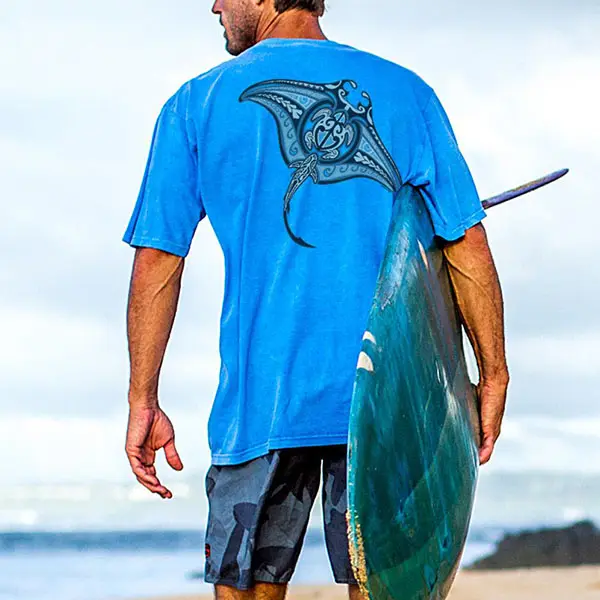 Short Sleeved Blue Hawaiian Classic Round Neck T-shirt - Salolist.com 