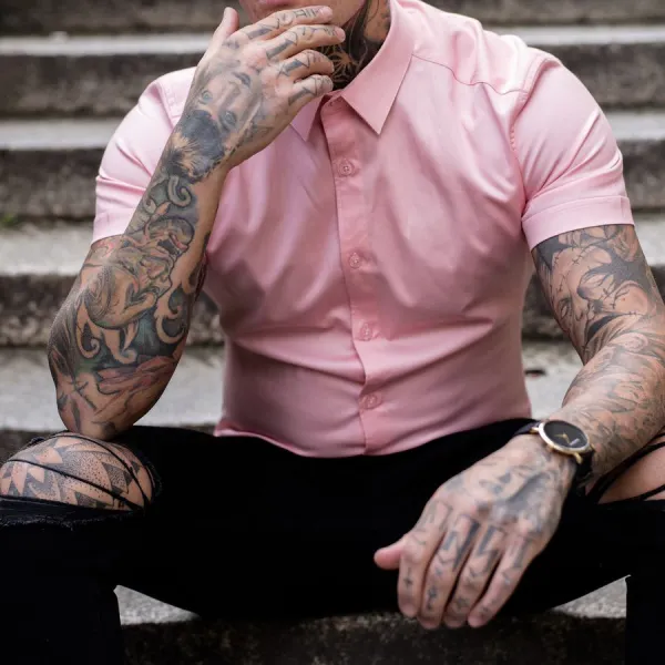 Slim-fit Super Stretch Pink Short-sleeved Shirt - Fineyoyo.com 