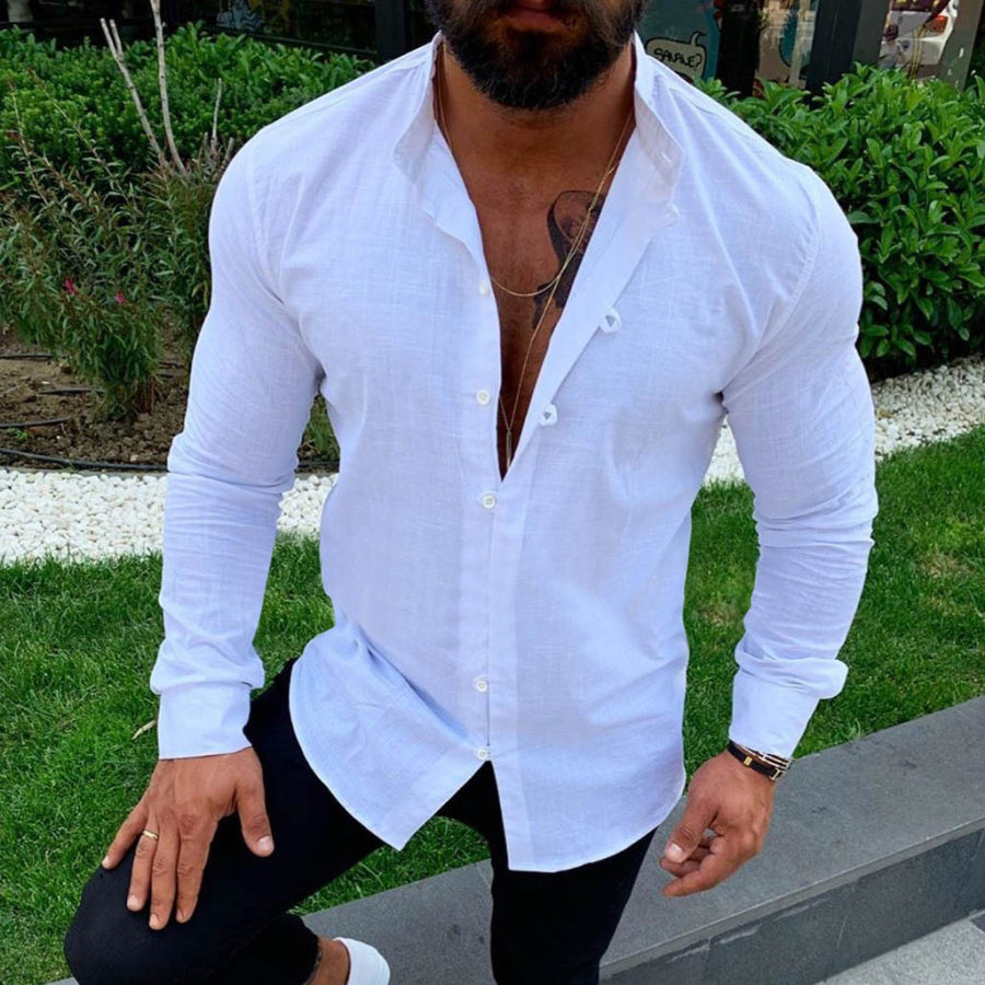

Men's Casual Long-sleeved Shirt Cotton And Linen Stand Collar