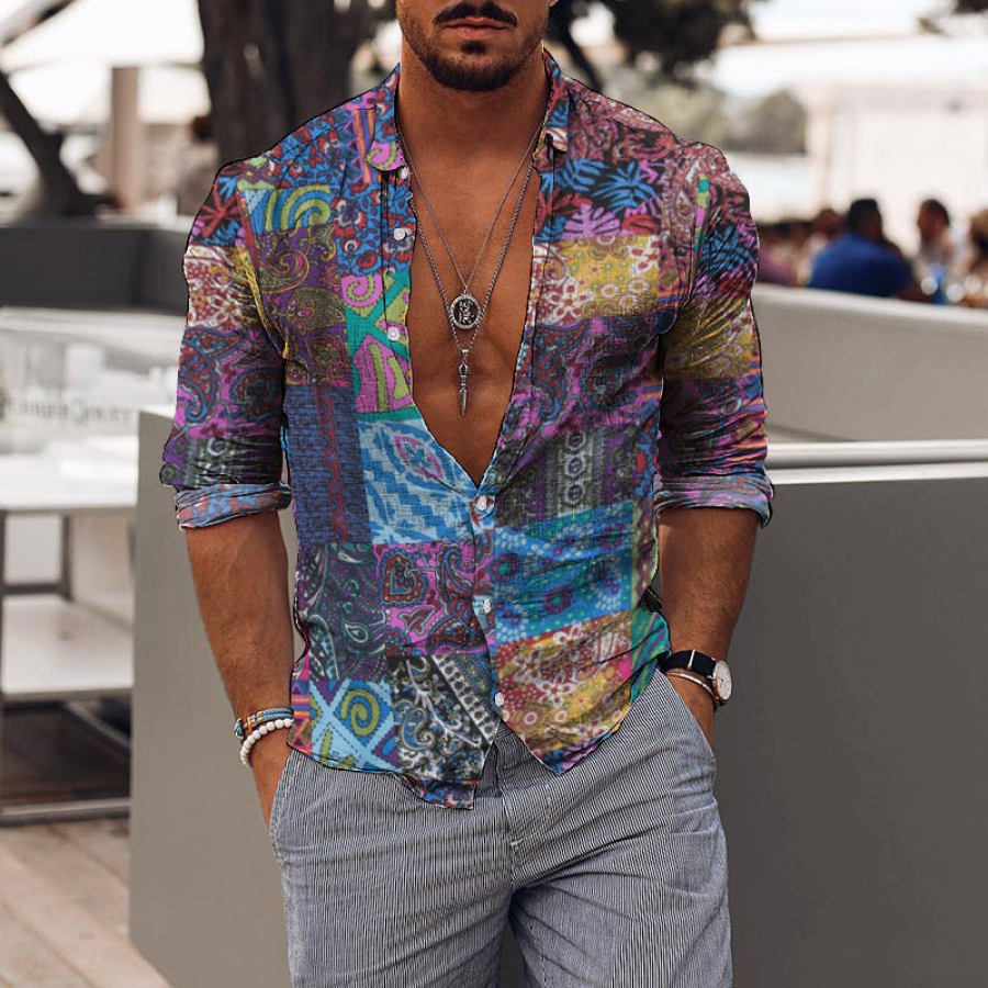 

Camisa Estampada Retrô Masculina De Férias Estilo étnico Com Costura