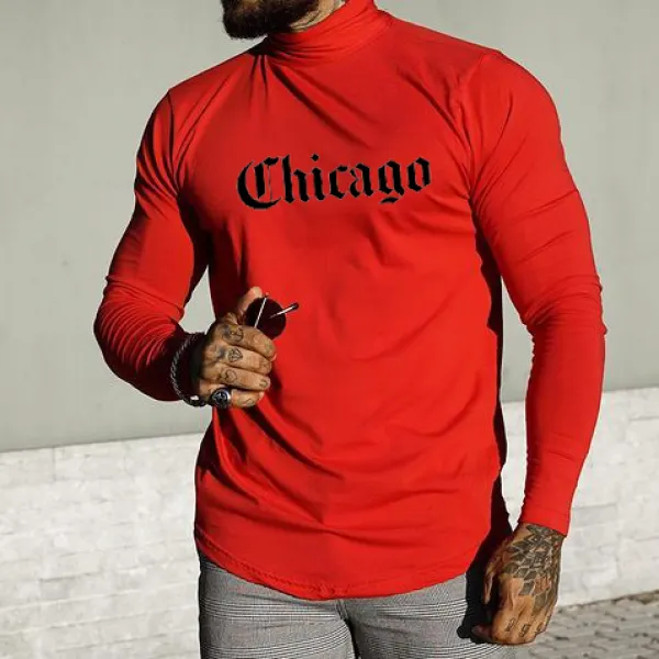 T-shirt Lengan Panjang Leher Tinggi Bermotif Chicago - Woolmind.com 