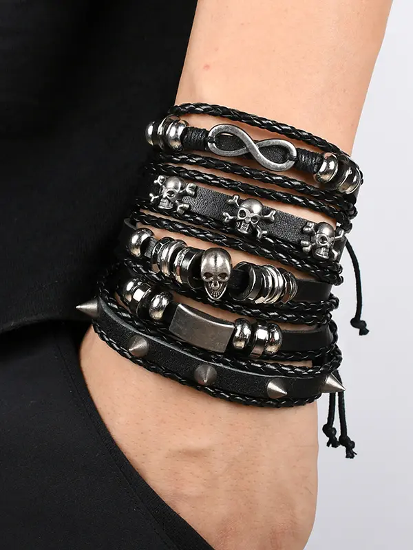 Vinatge Gothic Punk Skull Metal Multilayer Leather Bracelet - Oasisjoy.com 