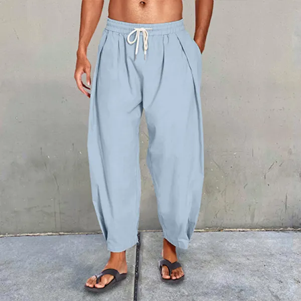 Men's Cotton Linen Drawstring Cropped Casual Harem Pants - Mosaicnew.com 