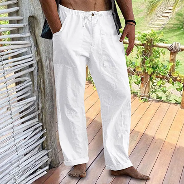 Men's Linen Elastic Waist Drawstring Pocket Loose Casual Pants - Sanhive.com 