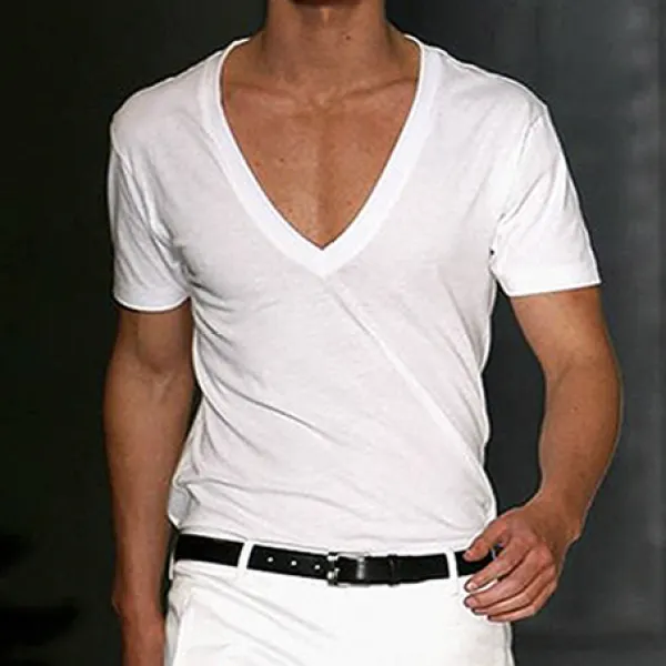 Men's Basic White Deep V-Neck Cotton Short Sleeve T-Shirt - Ootdyouth.com 