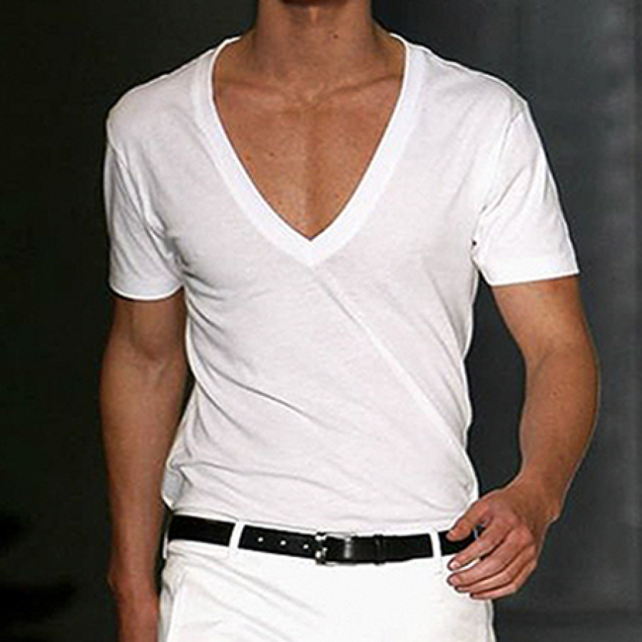

Мужская базовая белая хлопковая футболка с коротким рукавом и глубоким V-образным вырезом