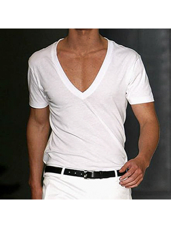 Men's Basic White Deep V-Neck Cotton Short Sleeve T-Shirt