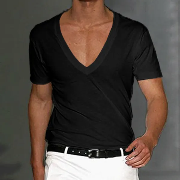 Men's Basic White Deep V-Neck Cotton Short Sleeve T-Shirt - Blaroken.com 