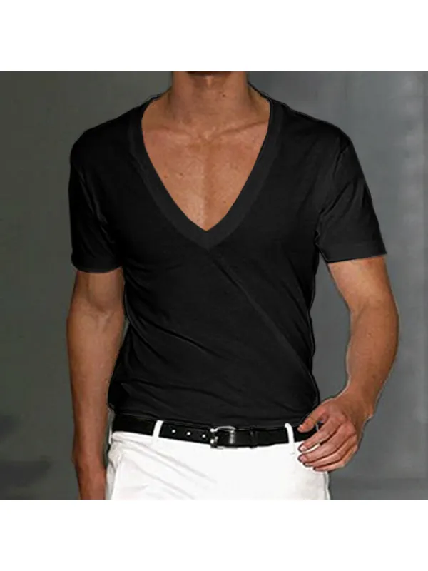Men's Basic White Deep V-Neck Cotton Short Sleeve T-Shirt - Timetomy.com
