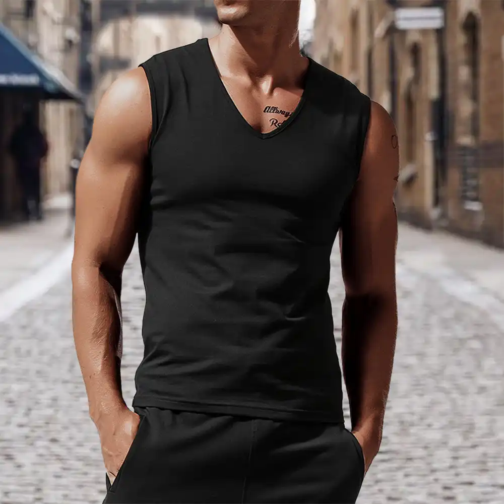 Men's Solid Color V-neck Tank Top Casual Breathable Sleeveless T-Shirt